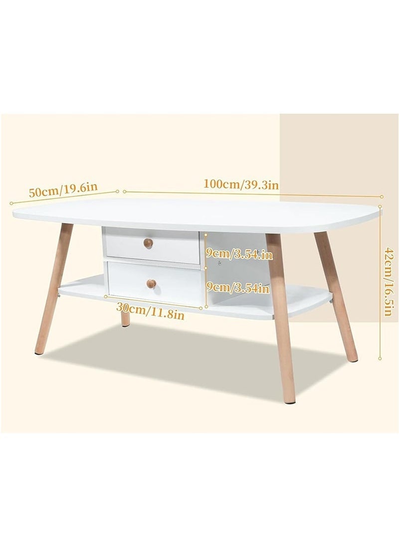 تابيت طاولة قهوة خشبية مزدوجة الطبقة مع الدرجات ، طاولة مركز بيضاوية بيضاوية لغرفة المعيشة ، طاولة نهاية بسيطة ووظيفية مع مساحة تخزين واسعة (100x50x42 سم ، أبيض) - Image 4